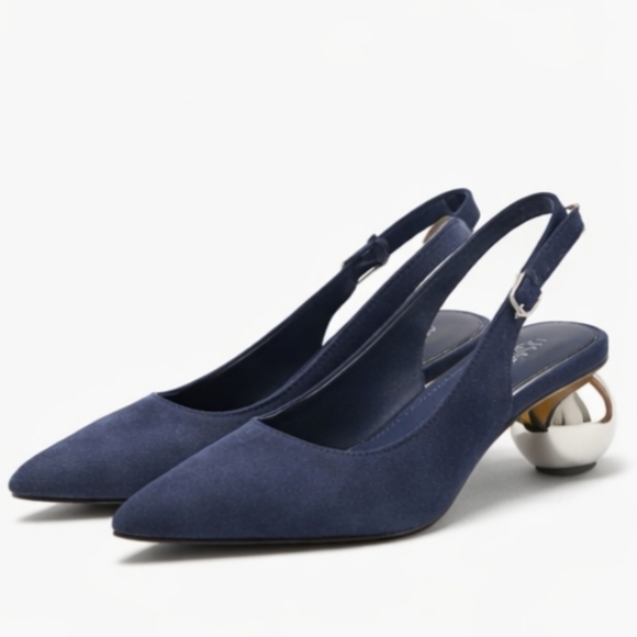 Katy Perry Collections Shoes - 💙 Rare Katy Perry Navy Suede Slingback Heels Size 5 – Unique Silver Sphere Heel